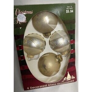 4 Vintage Gold  and Decorated Balls in Box 2.5 inch Not Perfect